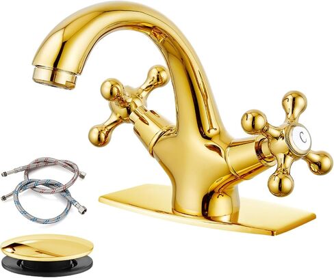 gotonovo Bathroom Sink Faucet Single Hole Double Cross Handle Knobs Lavatory Vessel Sink Mixer Tap Bathroom Faucet with Pop up Drain and Deck Cover Plate Polish Chrome in Saudi Arabia