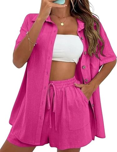 InterNos Womens Short Sleeve 2 Piece Tracksuit Outfit Sets Cotton Linen Shirt and High Waisted Mini Shorts Set in Kuwait