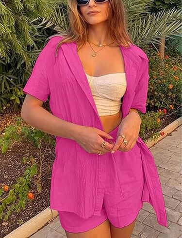 InterNos Womens Short Sleeve 2 Piece Tracksuit Outfit Sets Cotton Linen Shirt and High Waisted Mini Shorts Set in Kuwait