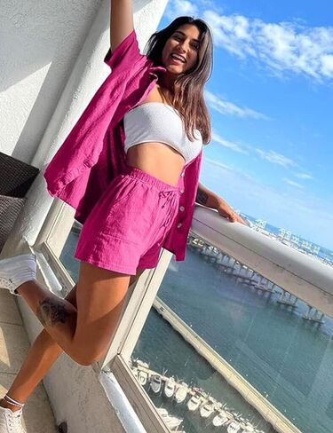 InterNos Womens Short Sleeve 2 Piece Tracksuit Outfit Sets Cotton Linen Shirt and High Waisted Mini Shorts Set in Kuwait