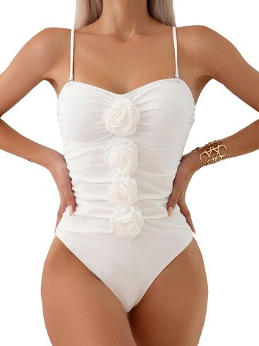 OYOANGLE Women's One Piece Swimsuit 3D Floral Appliques Sleeveless Spaghetti Straps Ruched Cami Swimwear in Saudi Arabia