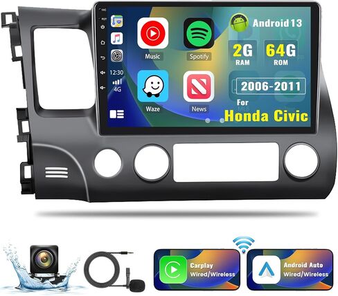 UNITOPSCI 2G+64G for Honda Civic 2000-2005 Android Car Stereo Radio Wireless Apple CarPlay & Android Auto GPS Navigation Head Unit 9 Inch Touchscreen Bluetooth WiFi FM/RDS HiFi SWC +Backup Camera Mic in Kuwait