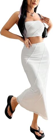 GORGLITTER Women's 2 Piece Skirt Set Outfits Strapless Bandeau Tube Top and Bodycon Maxi Skirt in Saudi Arabia