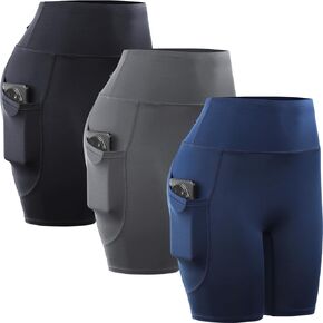CADMUS 3 Pack High Waisted Workout Shorts for Women 8" Yoga Biker Shorts w Two Side Pockets
