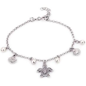 Sterling Silver - Rhodium Plated with 925 Stamp - Dangling Multi Charm Sea Theme Turtle and Shell Bracelet - Beautifully Handcrafted for Women - 6.5" Long + 1" Extender