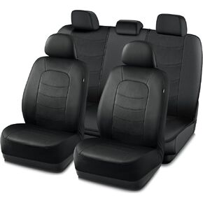 أغطية مقاعد السيارة من الجلد الصناعي من PIC AUTO، مجموعة كاملة من أغطية مقاعد السيارات باللون الأسود، مقاعد أمامية وخلفية، وسادة هوائية متوافقة عالميًا تناسب معظم السيارات وسيارات الدفع الرباعي والشاحنات والشاحنات الصغيرة in Kuwait
