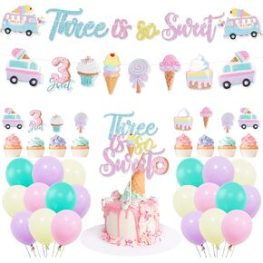 Three is So Sweet Ice Cream Birthday Party Decorations, Three is So Sweet Party Banner Cake Cupcake Toppers Macaron Balloons for Ice Cream/Donut Theme Third Birthday Girls Ice Cream 3rd Birthday Party