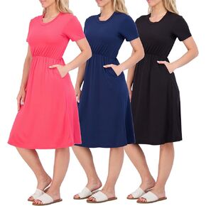 Real Essentials 3-Pack: Women's Midi Short Sleeve Soft T-Shirt Dress with Elastic Waist (Available in Plus Size)