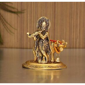 TIED RIBBONS Krishna Statue with Kamdhenu | Metal, 3.9 Inch | Krishna Idol for Home, Temple, Puja, Mandir | Hindu God Idols for House Warming | Indian Return Gifts for Pooja, Office, Indian Decor