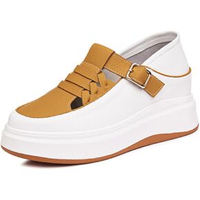Women's Soft Leather Platform Height Increasing Sneakers,Fashion Hollow Woven Hook & Loop Breathable Round Toe Casual Walking Shoes Outdoor Comfortable Slip on Sandals