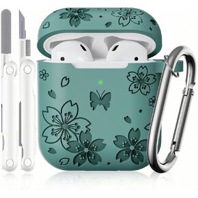 Compatible with Airpod Case - Butterfly Flowers Engraved Design for Airpods Case 2nd/1st Generation - Silicone Case for Airpods 2nd Generation Case with Cleaner Kit & Keychain (Black)