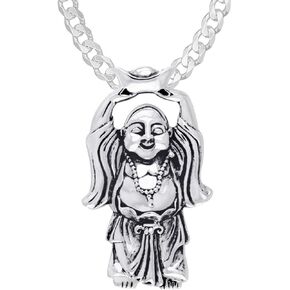 And Gems Men's 1 1/8in 925 Sterling Silver Happy Buddha Hotei Buddhism Pendant Necklace