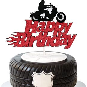 Motorcycle Happy Birthday Cake Topper, Bday Party Decorations, Harley Motocross Sport Party Supplies for Men Boys, Pre-assembled, Double-sided Glitter