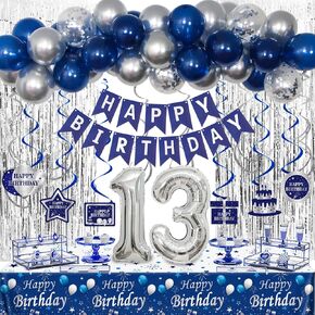 15th Birthday Decorations for Boys and Girls Blue Silver, Happy 15th Birthday Decorations Banner Birthday Balloons Number 15 Tablecloth Fringe Curtains Hanging Swirls, 15 Years Old Bday Party Supplies