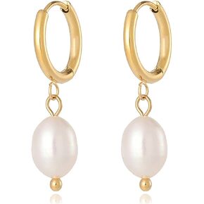 Huggie Small Hoop Pearl Earrings, Natural Fresh-water Pearl Earrings 18k Gold Plated Crystal Drop Dangle Earrings for Women
