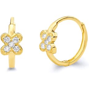14k REAL Yellow Gold Flower CZ Huggie Earrings (10 x 10 mm)
