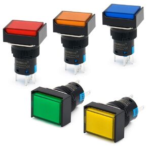 Baomain 5/8" 16mm Push Button Switch Latching Rectangular Cap LED Lamp Red Yellow Orange Blue Green Light DC 24V SPDT 5 Pin 5 Pack