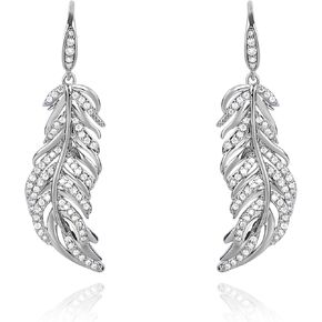 Silver Feather Earrings for Women Dangle Cubic Zirconia Feather Earrings with Hook Drop Floating Feather Elegant Statement Earrings for Vacation Party Jewelry Gift for Girls