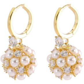 Faux Pearl Ball Dangle Hoop Earrings Cubic Zirconia Crystal Bouquet Wedding 14k Gold Plated Drop Dangling Small Huggie Hoops Earring Exquisite Jewelry Gifts for Women Girls Bridal