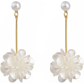 White Pearl Flower Dangle Drop Stud Earrings Acrylic Petal Bouquet Flowers Tassel Threader Dangling Studs Earring Elegant Birthday Wedding Jewelry Gifts for Women Girls Mom