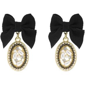 Vintage Black Bow CZ Pearl Oval Shaped Small Dangle Drop Earrings for Women Girls 925 Sterling Silver Post Bowknot Dangling Lightweight Hypoallergenic Valentines Day Christmas Gift 39mm
