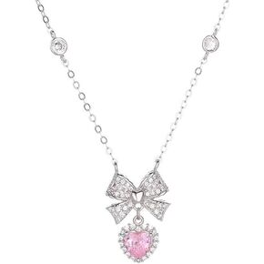Dainty Bow Ribbon Pendant Necklaces for Women Teen Girl Cubic Zirconia Pink Heart Statement Thanksgiving Sliver Anniversary Pendant Necklaces