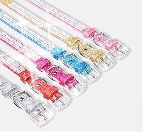 Rhinestone Dog Collar, Cute Dazzling Sparkling Leather Dog Cat Rhinestone Collar Crystal Diamond Pet Dog Puppy Collar (S:21-27cm, Blue) in Kuwait