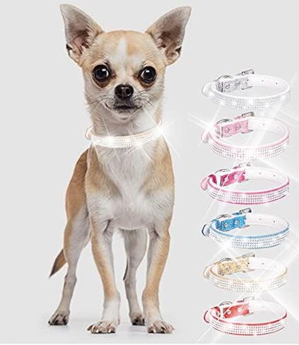 Rhinestone Dog Collar, Cute Dazzling Sparkling Leather Dog Cat Rhinestone Collar Crystal Diamond Pet Dog Puppy Collar (S:21-27cm, Blue) in Kuwait
