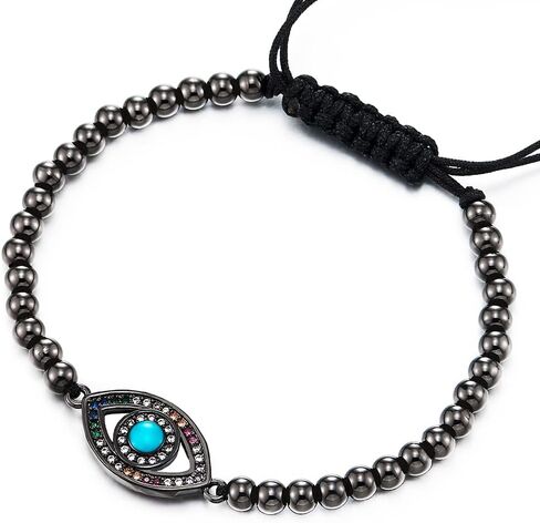 COOLSTEELANDBEYOND Womens Bead Chain Bracelet with Colorful Cubic Zirconia Protection Evil Eye, Adjustable in Saudi Arabia