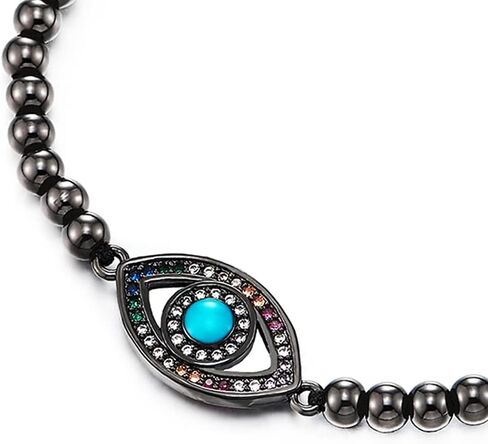 COOLSTEELANDBEYOND Womens Bead Chain Bracelet with Colorful Cubic Zirconia Protection Evil Eye, Adjustable in Saudi Arabia