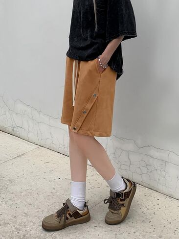 Women Summer Casual Shorts Faux Suede Short Pants Elastic Waist Drawstring Hiking Bermuda Cargo Shorts in Saudi Arabia