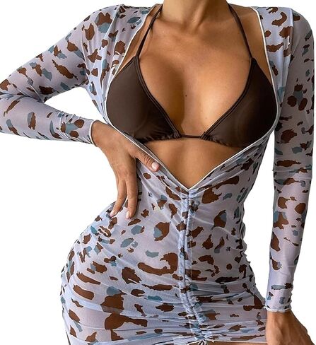 Nhicdns ملابس سباحة نسائية مكونة من 3 قطع مطبوع عليها زهور مثيرة مثلثة هالتر بيكيني مجموعة ملابس سباحة لتغطية الفستان in Kuwait