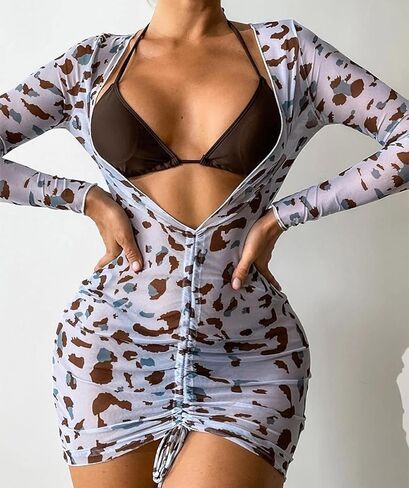 Nhicdns ملابس سباحة نسائية مكونة من 3 قطع مطبوع عليها زهور مثيرة مثلثة هالتر بيكيني مجموعة ملابس سباحة لتغطية الفستان in Kuwait