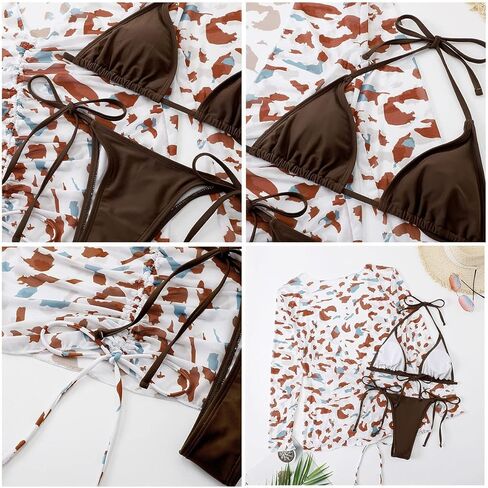 Nhicdns ملابس سباحة نسائية مكونة من 3 قطع مطبوع عليها زهور مثيرة مثلثة هالتر بيكيني مجموعة ملابس سباحة لتغطية الفستان in Kuwait