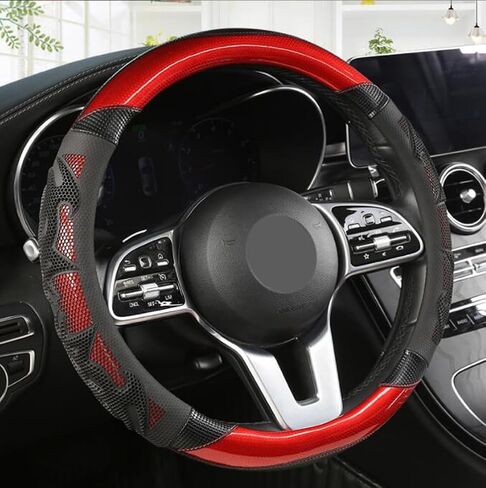 GZE Honeycomb Steering Wheel Cover Carbon Fiber Leather Breathable Wear-Resistant 15 Inch Four Seasons Universal Car Steering Wheel Covers (Black-Red) in Saudi Arabia