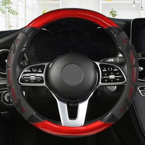 GZE Honeycomb Steering Wheel Cover Carbon Fiber Leather Breathable Wear-Resistant 15 Inch Four Seasons Universal Car Steering Wheel Covers (Black-Red) in Saudi Arabia