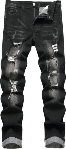 Men's Ripped Straight Leg Jeans, Black, Slim Fit, Regular Length, Distressed Design in Saudi Arabia