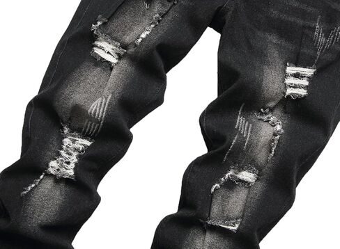 Men's Ripped Straight Leg Jeans, Black, Slim Fit, Regular Length, Distressed Design in Saudi Arabia