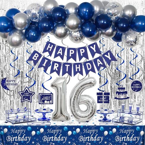 زينة عيد الميلاد الحادي والعشرون له، زينة عيد ميلاد سعيد باللون الأزرق والفضي الحادي والعشرين للأولاد والرجال، بالونات عيد الميلاد الحادي والعشرين، لافتة مفرش المائدة، ستائر هامشية، دوامات معلقة، لوازم حفلات bday عمرها 21 عامًا in Kuwait