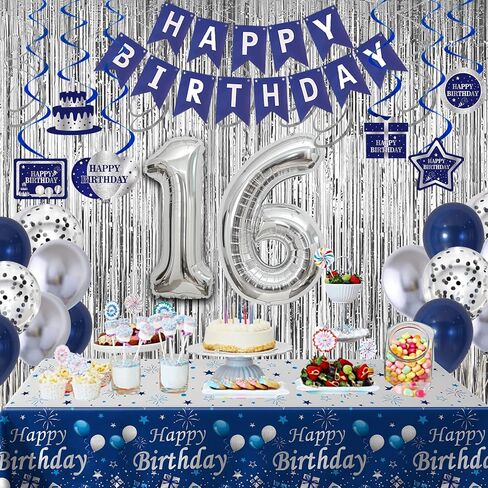 زينة عيد الميلاد الحادي والعشرون له، زينة عيد ميلاد سعيد باللون الأزرق والفضي الحادي والعشرين للأولاد والرجال، بالونات عيد الميلاد الحادي والعشرين، لافتة مفرش المائدة، ستائر هامشية، دوامات معلقة، لوازم حفلات bday عمرها 21 عامًا in Kuwait
