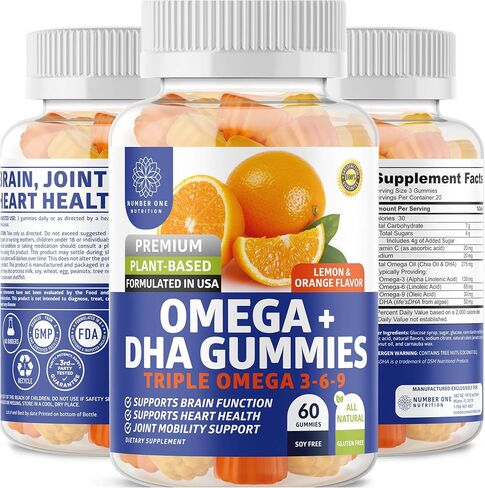 N1N Premium Omega 3 6 9 + DHA Gummies [Vegan, Plant Based] Natural Brain, Immunity and Joint Health Support with Vitamin C, 60 Gummies in Saudi Arabia
