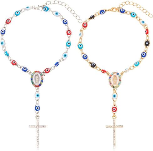 WEBEEDY 2pcs Car Beads Evil Eye Rear View Mirror Hanging Ornament Charms Cross Crucifix Medal Amulet Home Wall Decor for Car Truck Auto Interior Window Door Easter in Saudi Arabia