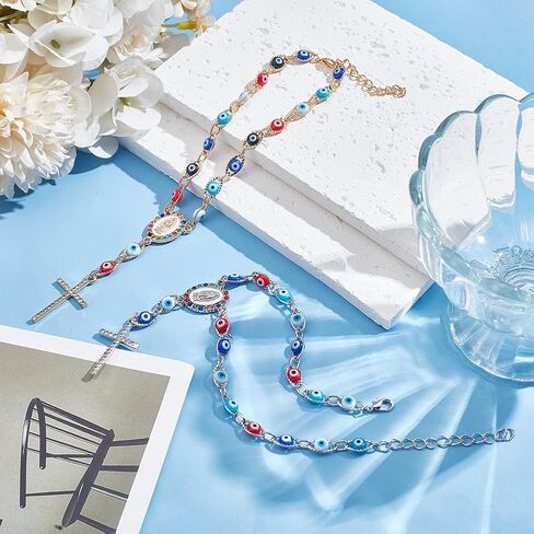 WEBEEDY 2pcs Car Beads Evil Eye Rear View Mirror Hanging Ornament Charms Cross Crucifix Medal Amulet Home Wall Decor for Car Truck Auto Interior Window Door Easter in Saudi Arabia