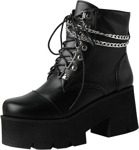 LUXMAX Women Buckle Goth Chunky Platform Ankle Boots Lace Up High Heel Motorcycle Boots with Chain in Saudi Arabia