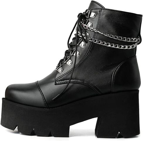 LUXMAX Women Buckle Goth Chunky Platform Ankle Boots Lace Up High Heel Motorcycle Boots with Chain in Saudi Arabia