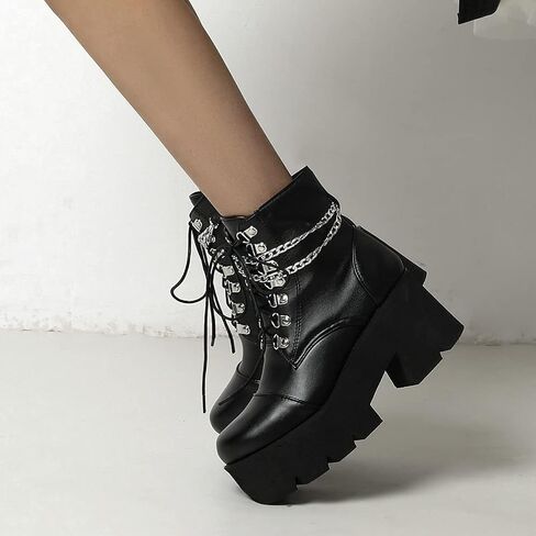 LUXMAX Women Buckle Goth Chunky Platform Ankle Boots Lace Up High Heel Motorcycle Boots with Chain in Saudi Arabia