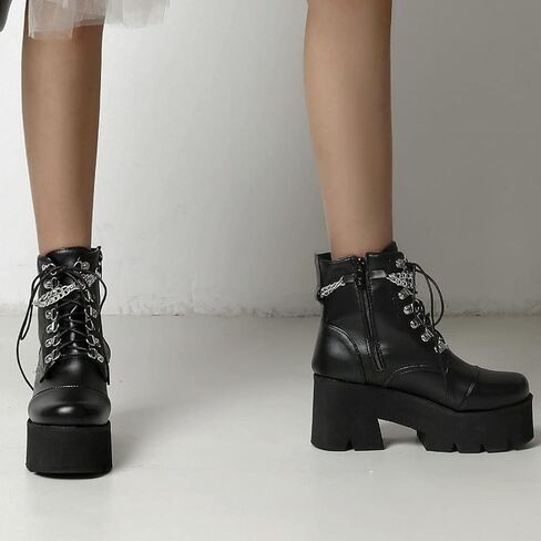 LUXMAX Women Buckle Goth Chunky Platform Ankle Boots Lace Up High Heel Motorcycle Boots with Chain in Saudi Arabia