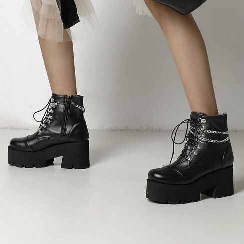LUXMAX Women Buckle Goth Chunky Platform Ankle Boots Lace Up High Heel Motorcycle Boots with Chain in Saudi Arabia