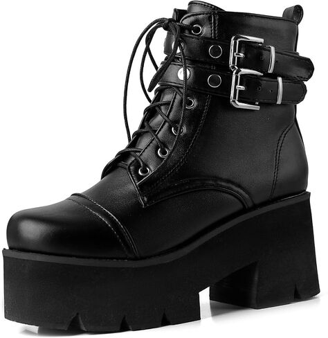 LUXMAX Women Buckle Goth Chunky Platform Ankle Boots Lace Up High Heel Motorcycle Boots with Chain in Saudi Arabia