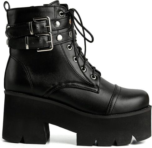 LUXMAX Women Buckle Goth Chunky Platform Ankle Boots Lace Up High Heel Motorcycle Boots with Chain in Saudi Arabia